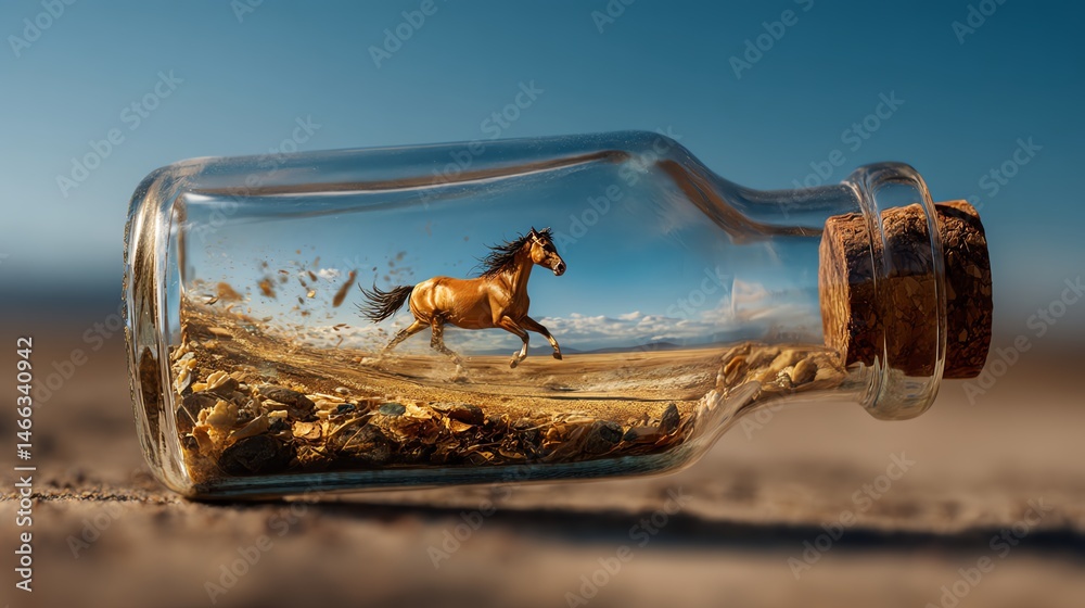 Horse running inside glass jar on sandy beach background