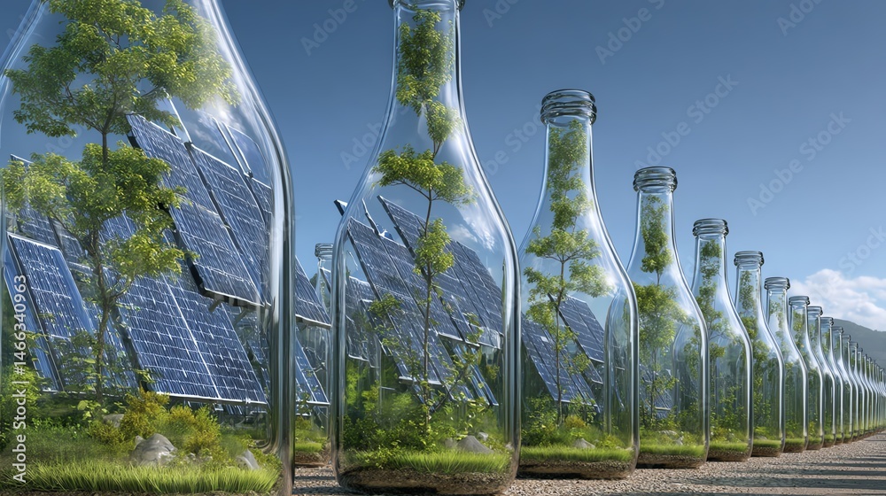 Innovative bottles containing greenery and solar panels, eco-friendly concept.