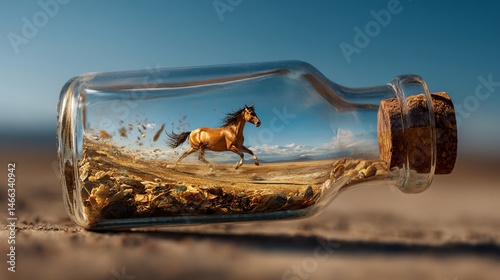 Obraz na płótnie Horse running inside glass jar on sandy beach background w salonie