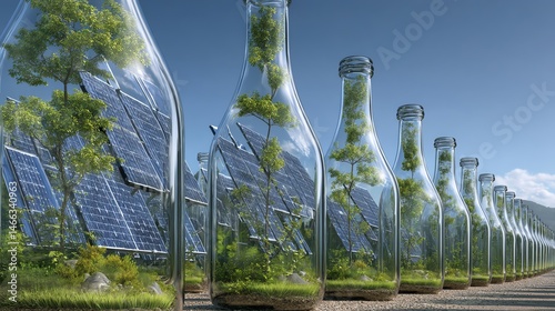 Obraz na płótnie Innovative bottles containing greenery and solar panels, eco-friendly concept. w salonie