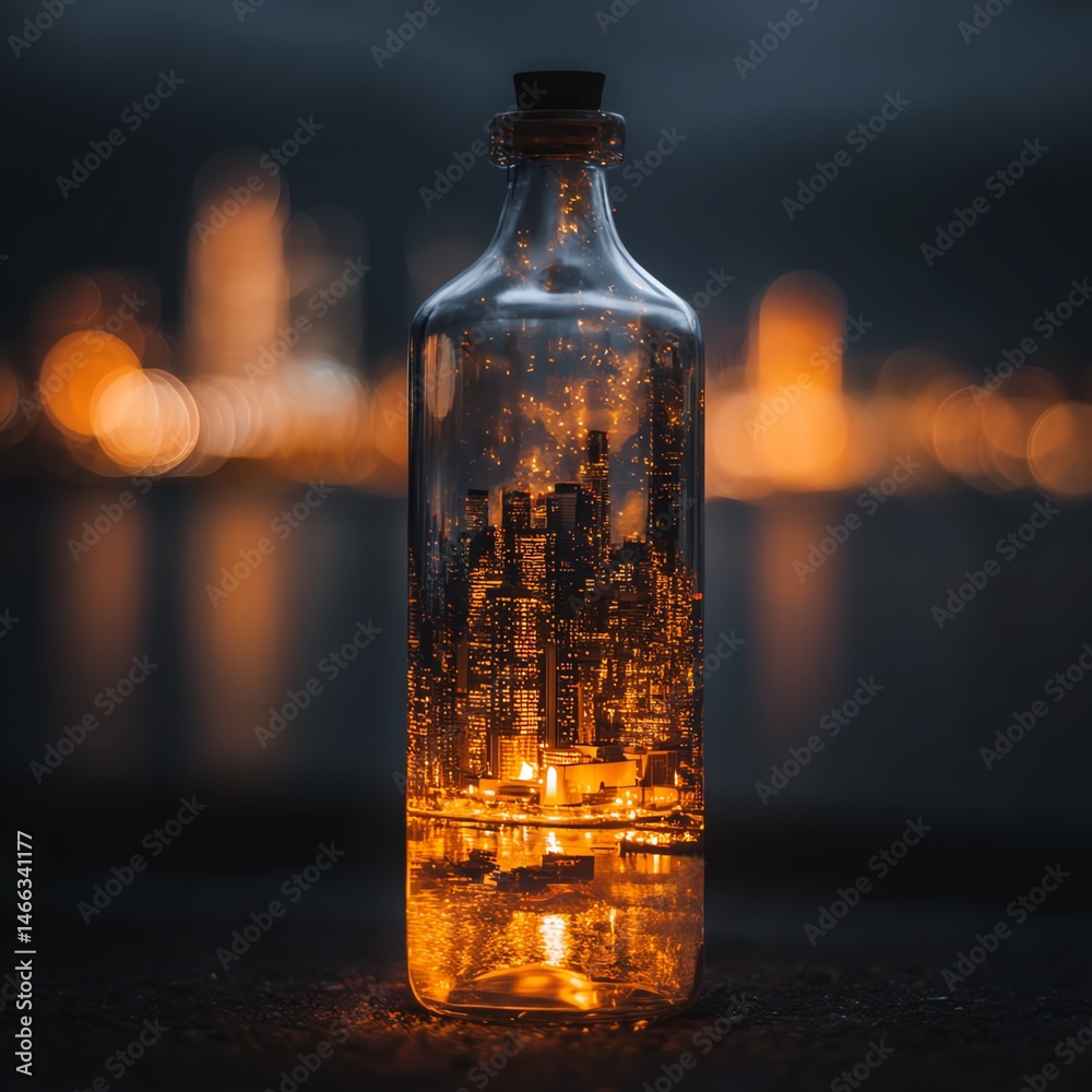 Bottle encapsulating a glowing cityscape, warm light against a dark background.