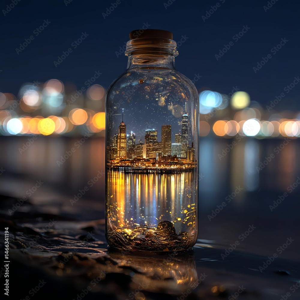 Bottle with a miniature cityscape, glowing lights, and reflections at night.