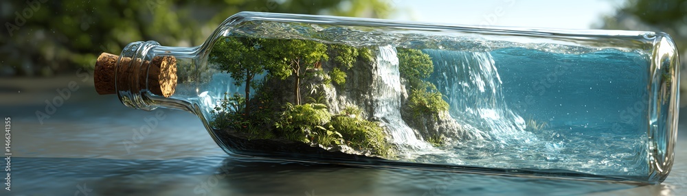 A scenic landscape captured in a bottle with water and green scenery inside.