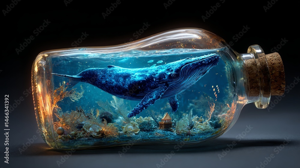 Whale in a bottle, unique underwater scene, creative aquarium concept.
