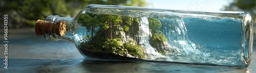 A scenic landscape captured in a bottle with water and green scenery inside.