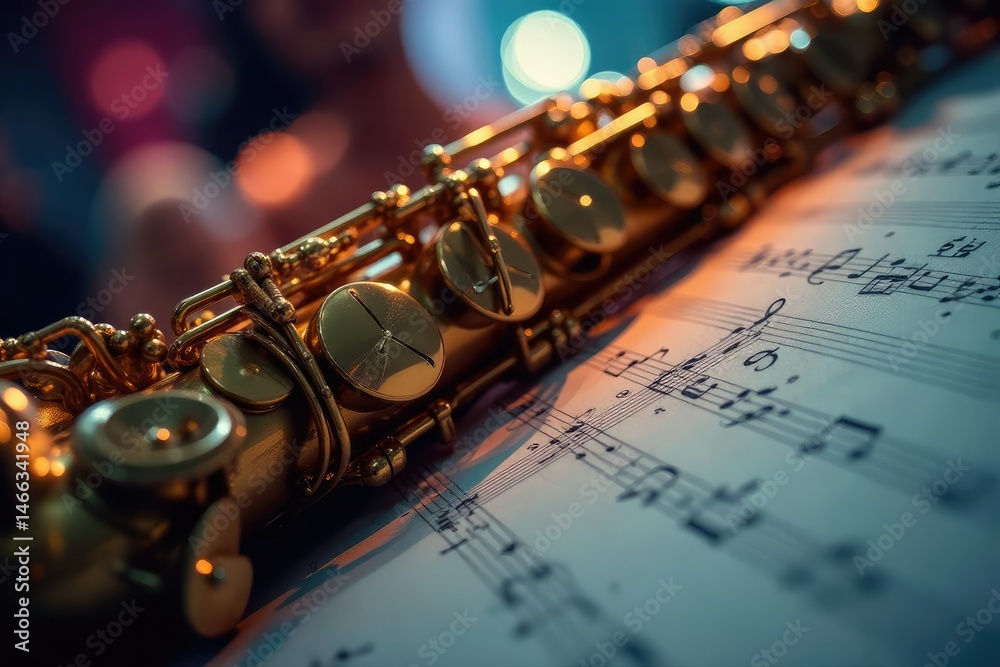 Fototapeta premium Close-up, saxophone, musical notes, blurred background, art, bokeh