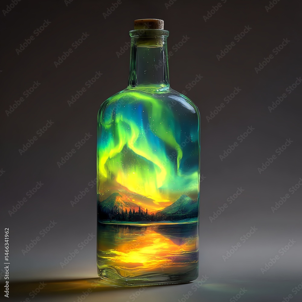 A stunning bottle showcasing an illuminated landscape inside with colorful Northern Lights.