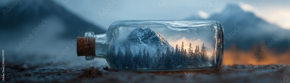 A glass bottle containing a miniature landscape of mountains and trees.