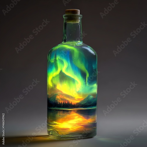 A stunning bottle showcasing an illuminated landscape inside with colorful Northern Lights.