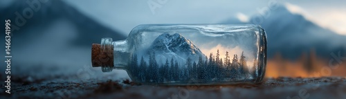 Obraz na płótnie A glass bottle containing a miniature landscape of mountains and trees. w salonie