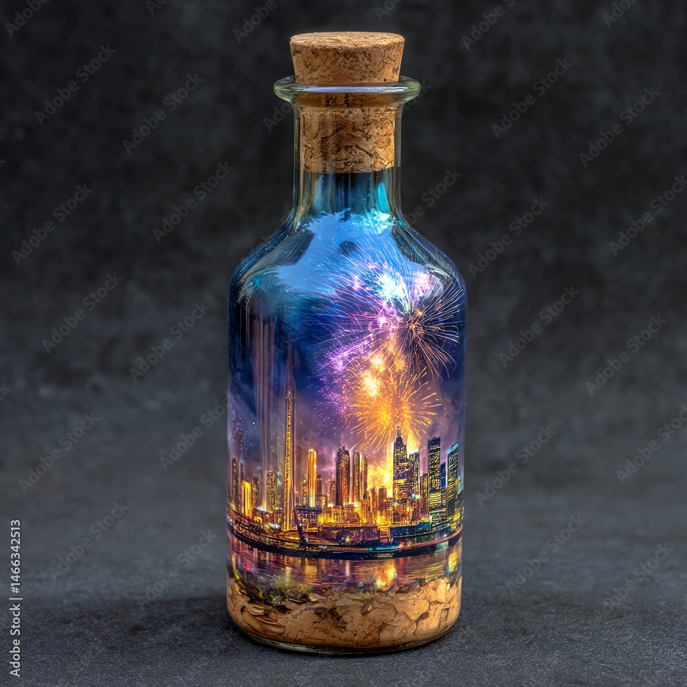 Colorful bottle filled with city skyline and fireworks, isolated on dark background.