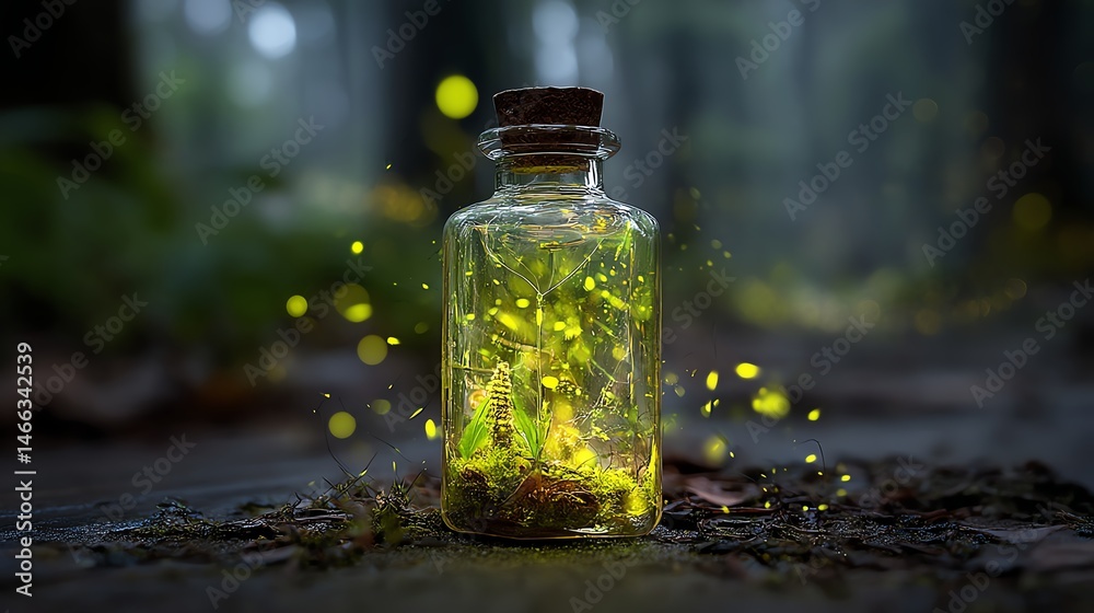 Glass bottle filled with glowing particles, mystical forest background
