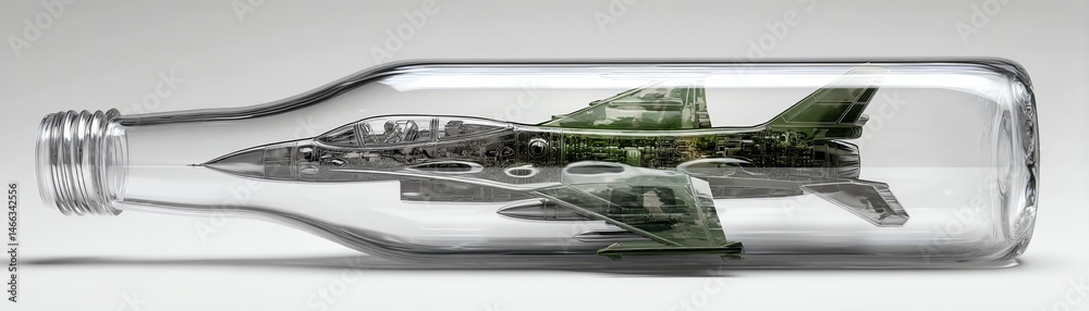 Model airplane inside a glass bottle on a white isolated background.