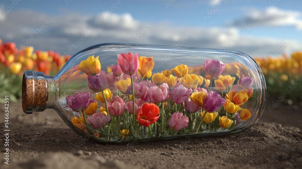 Colorful tulips inside a glass bottle on a scenic flower field.