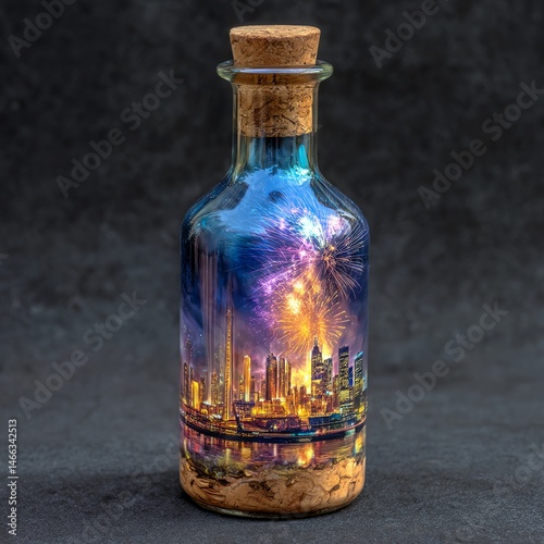 Obraz na płótnie Colorful bottle filled with city skyline and fireworks, isolated on dark background. w salonie