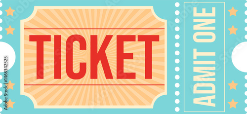 Simple ticket design with the text "TICKET" in red on a yellow background with rays from the center framed by stars and "ADMIT ONE" on a light blue background. Perfect for event or carnival themes.