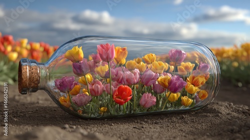 Obraz na płótnie Colorful tulips inside a glass bottle on a scenic flower field. w salonie