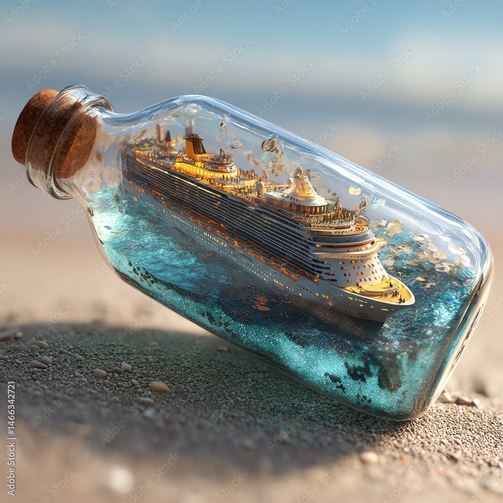 A ship in a bottle with a mesmerizing ocean scene, capturing adventure and nostalgia.