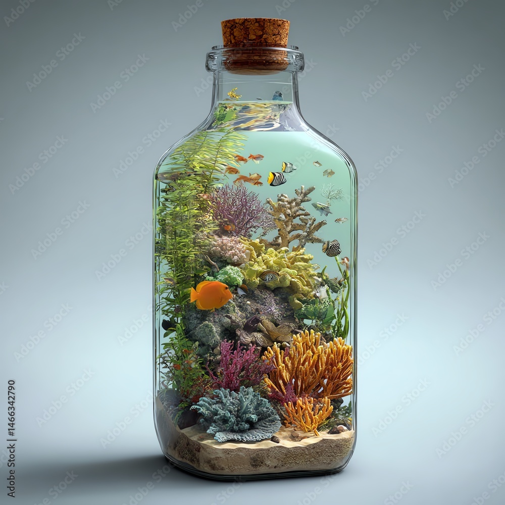 Colorful aquatic scene inside a glass bottle with fish and coral.