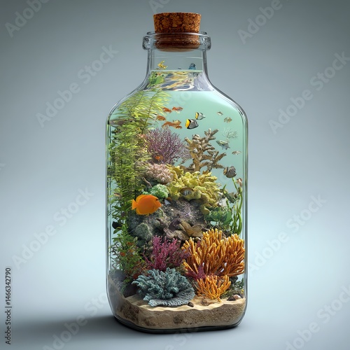 Obraz na płótnie Colorful aquatic scene inside a glass bottle with fish and coral. w salonie