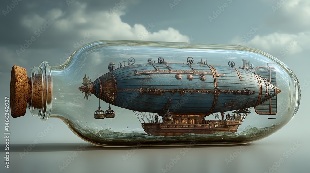 Vintage airship model inside a glass bottle, creative and whimsical design.