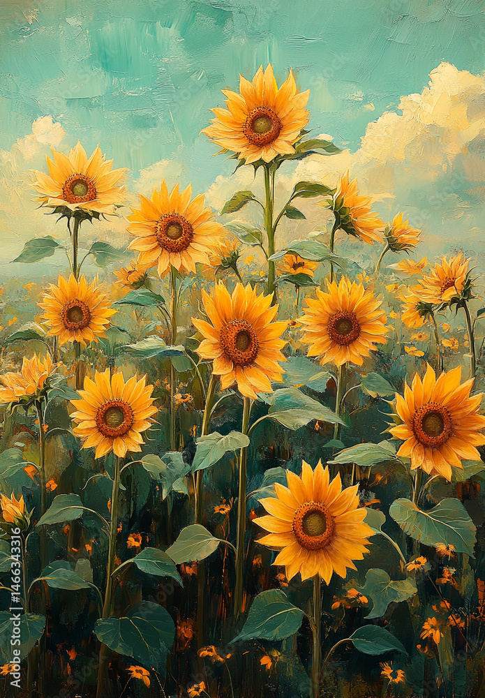 Obraz premium Field of majestic sunflower blooms under bright blue sky, their golden petals glowing in early morning light, evoking sense of joy and natural beauty