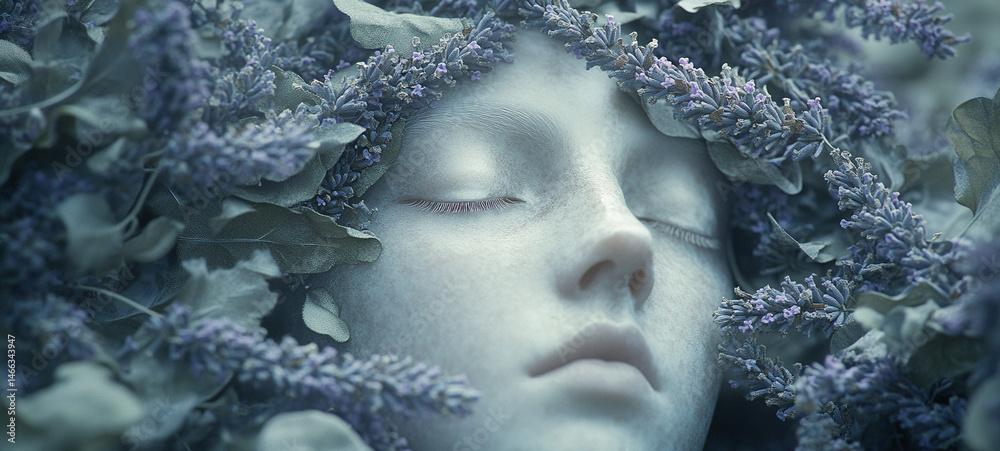Serene ethereal portrait of mysterious face surrounded by lavender flowers and leaves, with soft lighting and dreamy, tranquil expression, evoking sense of calm and fantasy Serene ethereal portrait of mysterious face surrounded by lavender flowers and leaves, with soft lighting and dreamy, tranquil expression, evoking sense of calm and fantasy