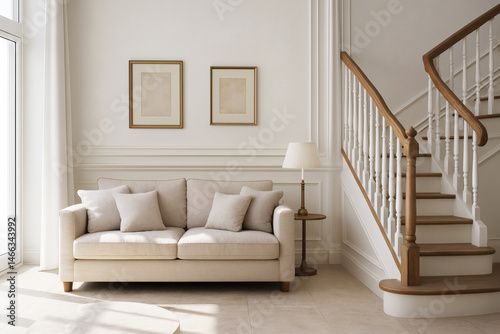 Elegant Living Room with White Paneling and Curved Staircase
