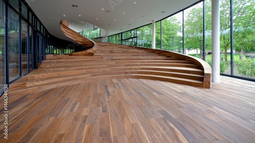 Curved wooden staircase and seating area in a modern building with large glass windows offering a view of lush greenery. Natural light illuminates