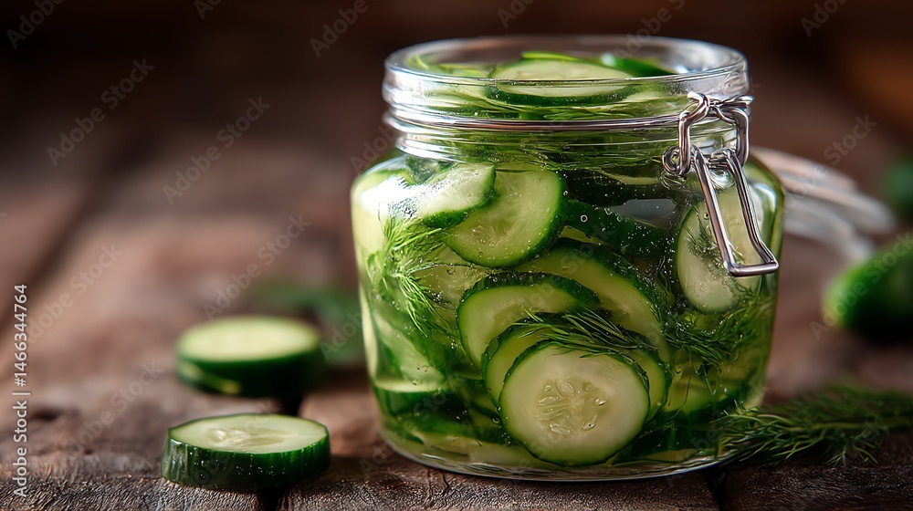 Jar of sliced cucumbers in brine with fresh herbs on rustic wooden background.