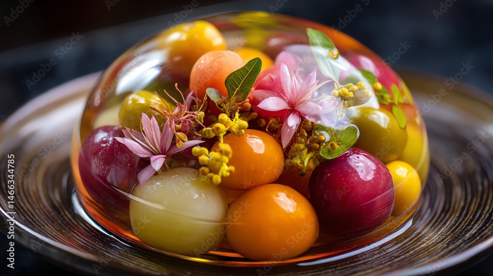 Colorful edible fruit dome with flowers, isolated on a dark plate.