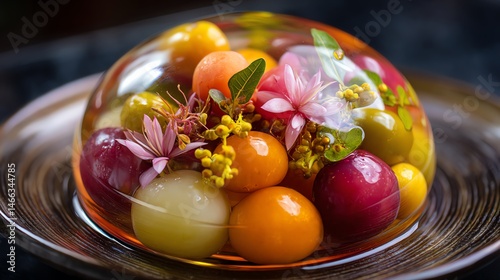 Obraz na płótnie Colorful edible fruit dome with flowers, isolated on a dark plate. w salonie