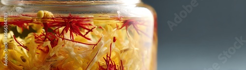Obraz na płótnie Saffron threads immersed in oil in a glass jar, rich color and texture. w salonie