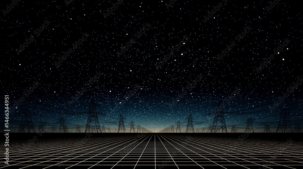Futuristic grid landscape with power lines against a starry night sky.