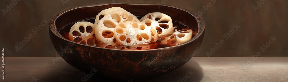 Fresh lotus root slices served in a traditional bowl on a wooden table.