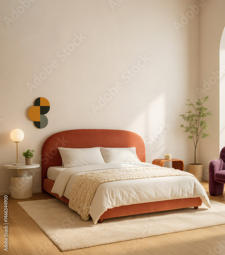 Postmodern Bedroom with Colorful Accents and Sculptural Headboard