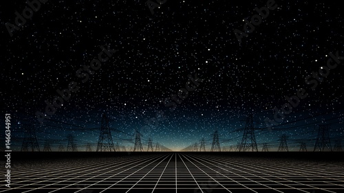 Futuristic grid landscape with power lines against a starry night sky.