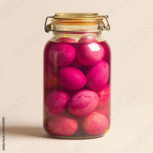 Obraz na płótnie Colorful pickled eggs in a glass jar, vibrant pink hue on white isolated background. w salonie