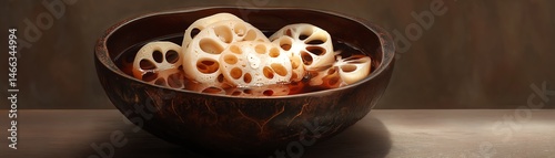 Obraz na płótnie Fresh lotus root slices served in a traditional bowl on a wooden table. w salonie