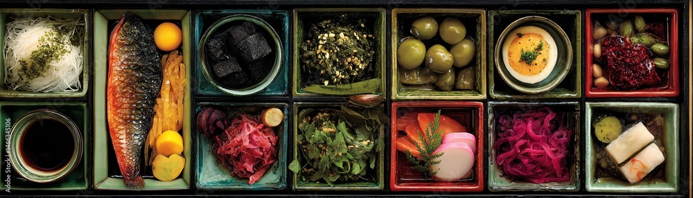 Assorted Japanese food in colorful boxes, served beautifully.