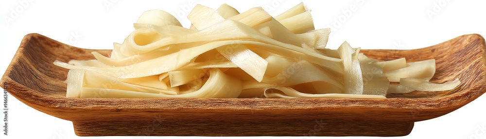 Freshly cooked pasta served on a wooden plate, isolated on white background.
