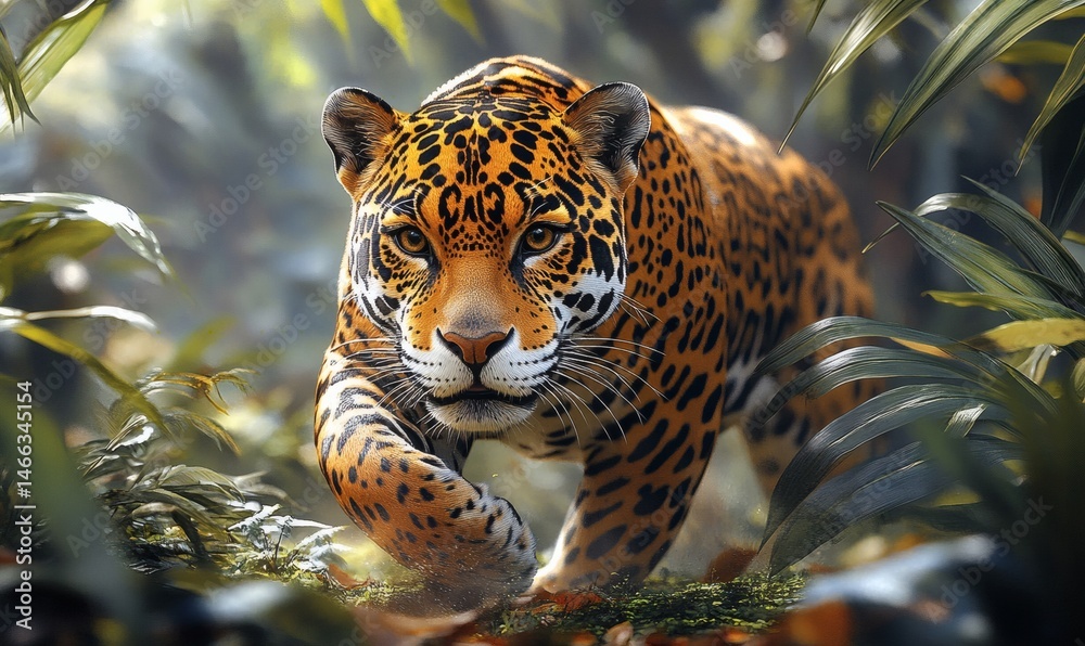Leopard hiding in tropical foliage with focused eyes and spotted fur pattern in tense wild jungle setting