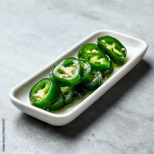 Obraz na płótnie Sliced green jalapenos on a white rectangular plate, isolated on a textured surface. w salonie