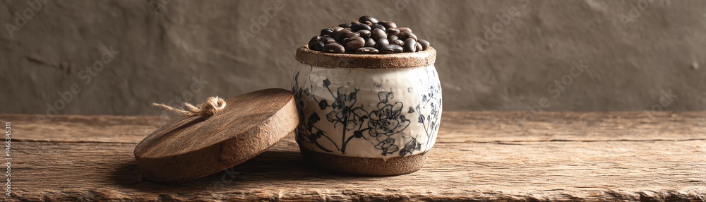 Ceramic jar filled with coffee beans on wooden table, rustic background.