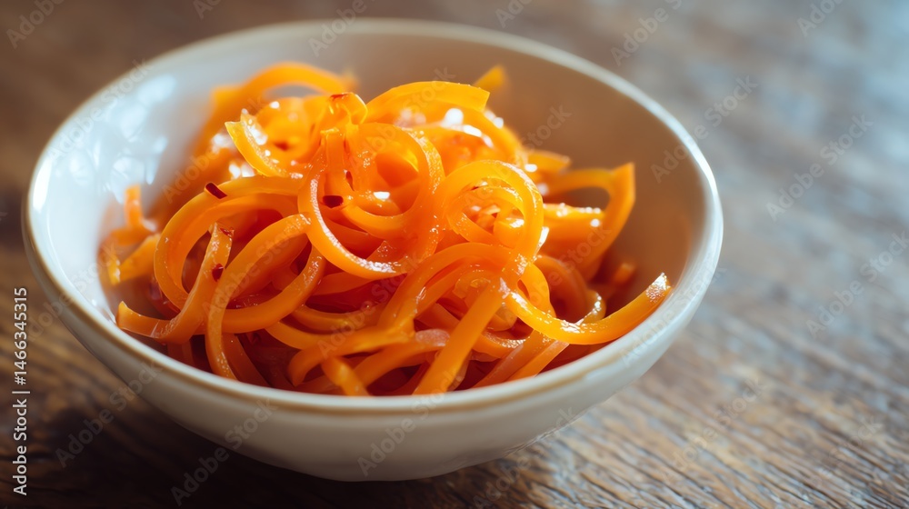 A delicious serving of spiralized carrot in a white bowl.