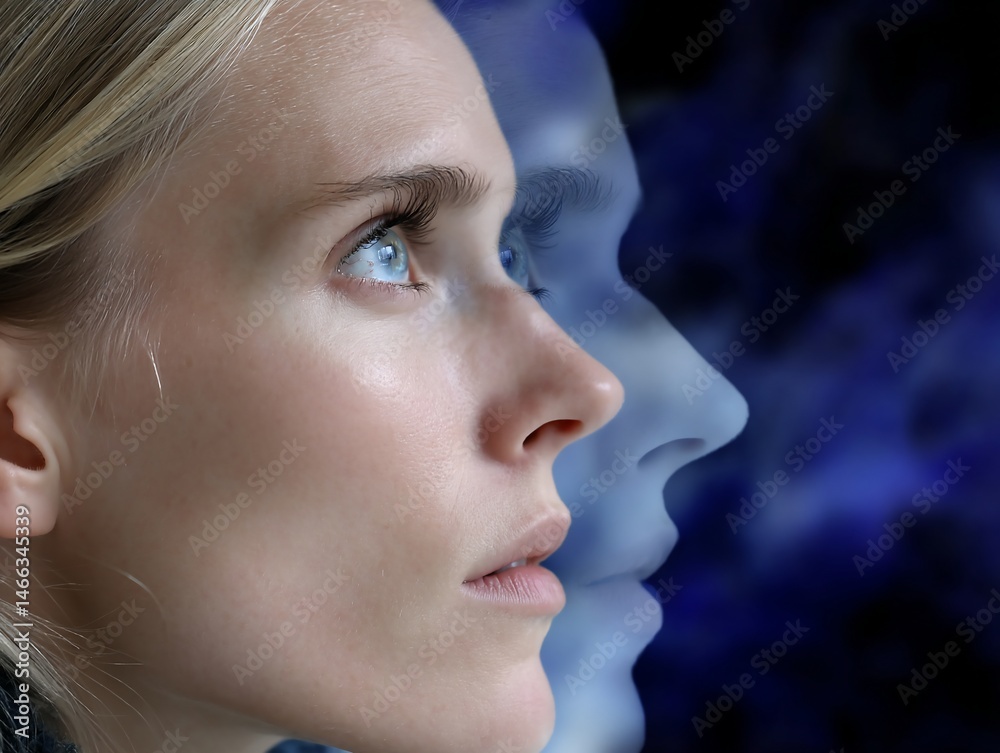 Fototapeta premium A woman's pensive gaze overlaid with a translucent profile
