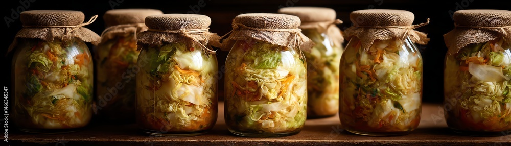 Homemade fermented vegetables in jars on a wooden surface, dark background.