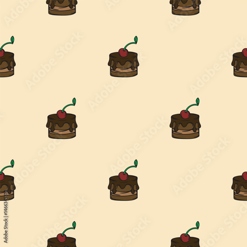 Chocolate dessert with cherries. Vector seamless pattern. Endless background for wrapping paper, print, textile