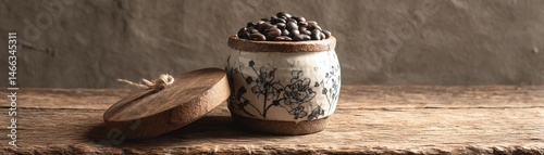 Obraz na płótnie Ceramic jar filled with coffee beans on wooden table, rustic background. w salonie