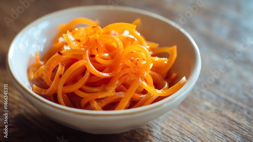 A delicious serving of spiralized carrot in a white bowl.